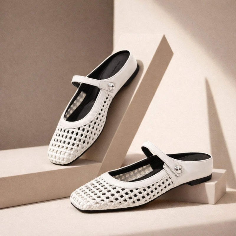 Women's gold woven Mary Jane mule flat slip-on shoes with open-weave texture and classic strap