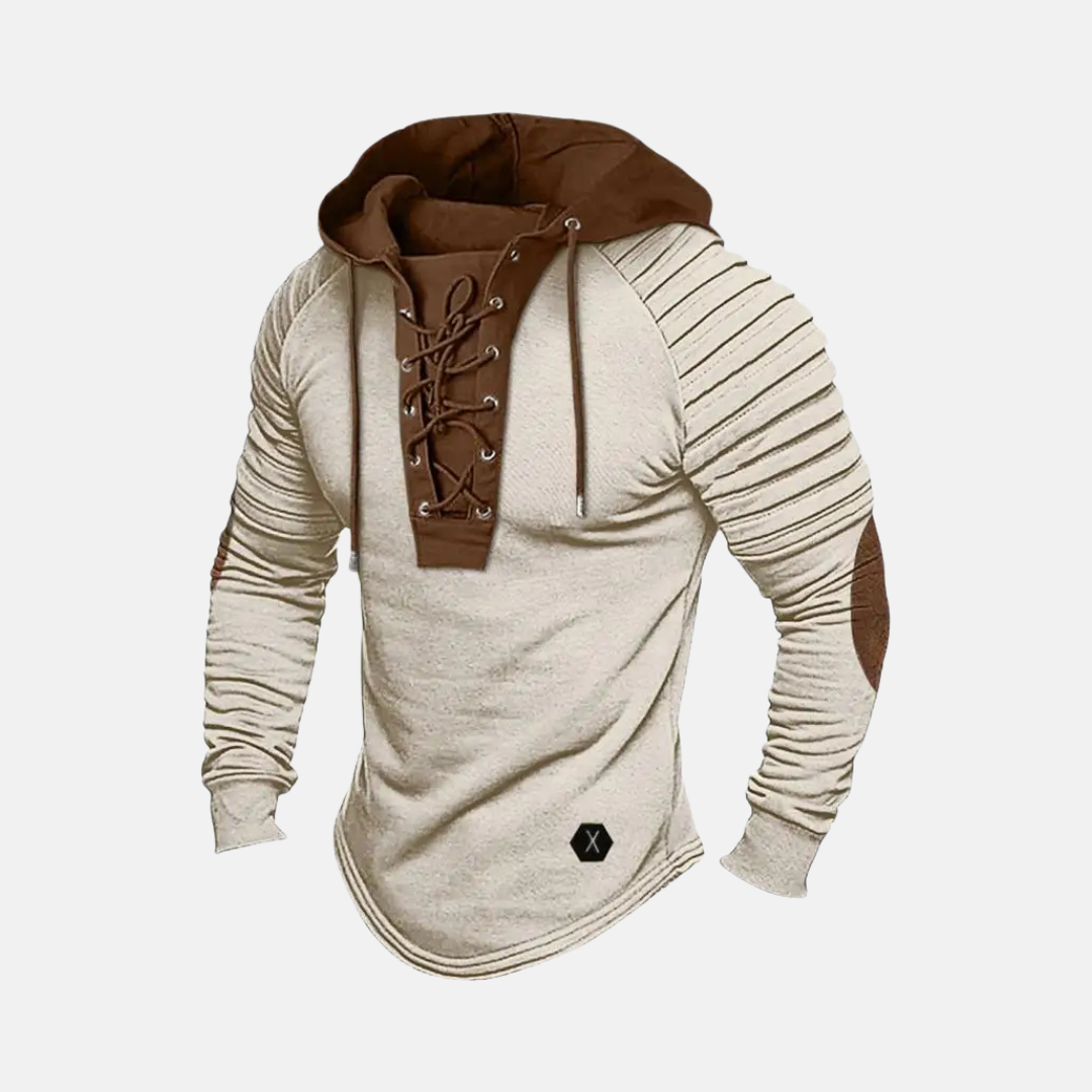 Men's slim fit hoodie with lace-up neck placket, ribbed sleeves, hip-length cut in casual style