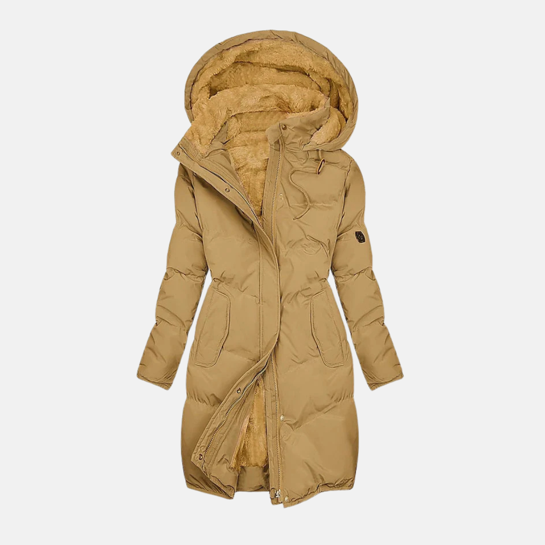 Women's long quilted puffer coat with plush-lined hood and adjustable waist for a flattering fit
