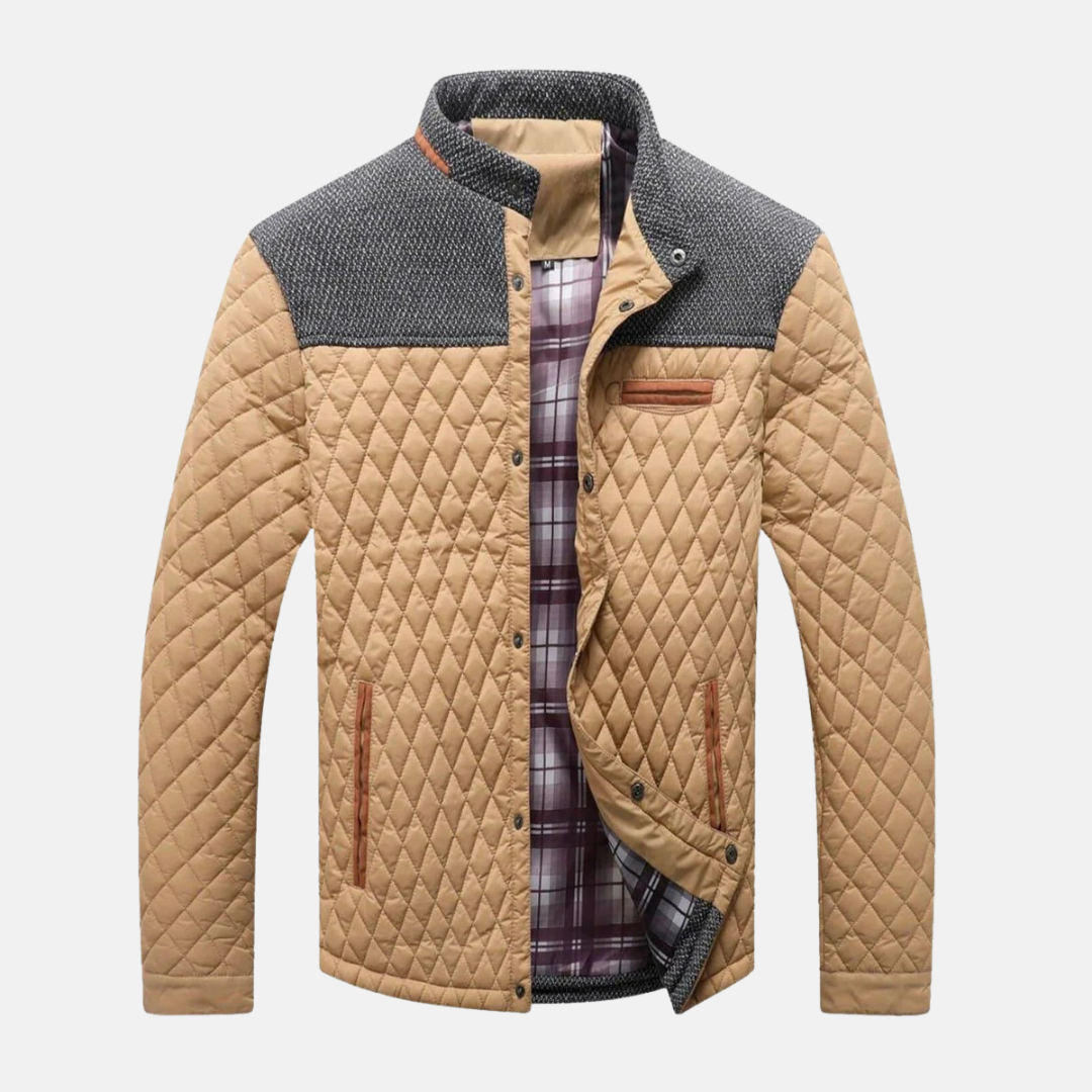 Men's diamond quilted woven blend jacket with standing band collar and contrast trim