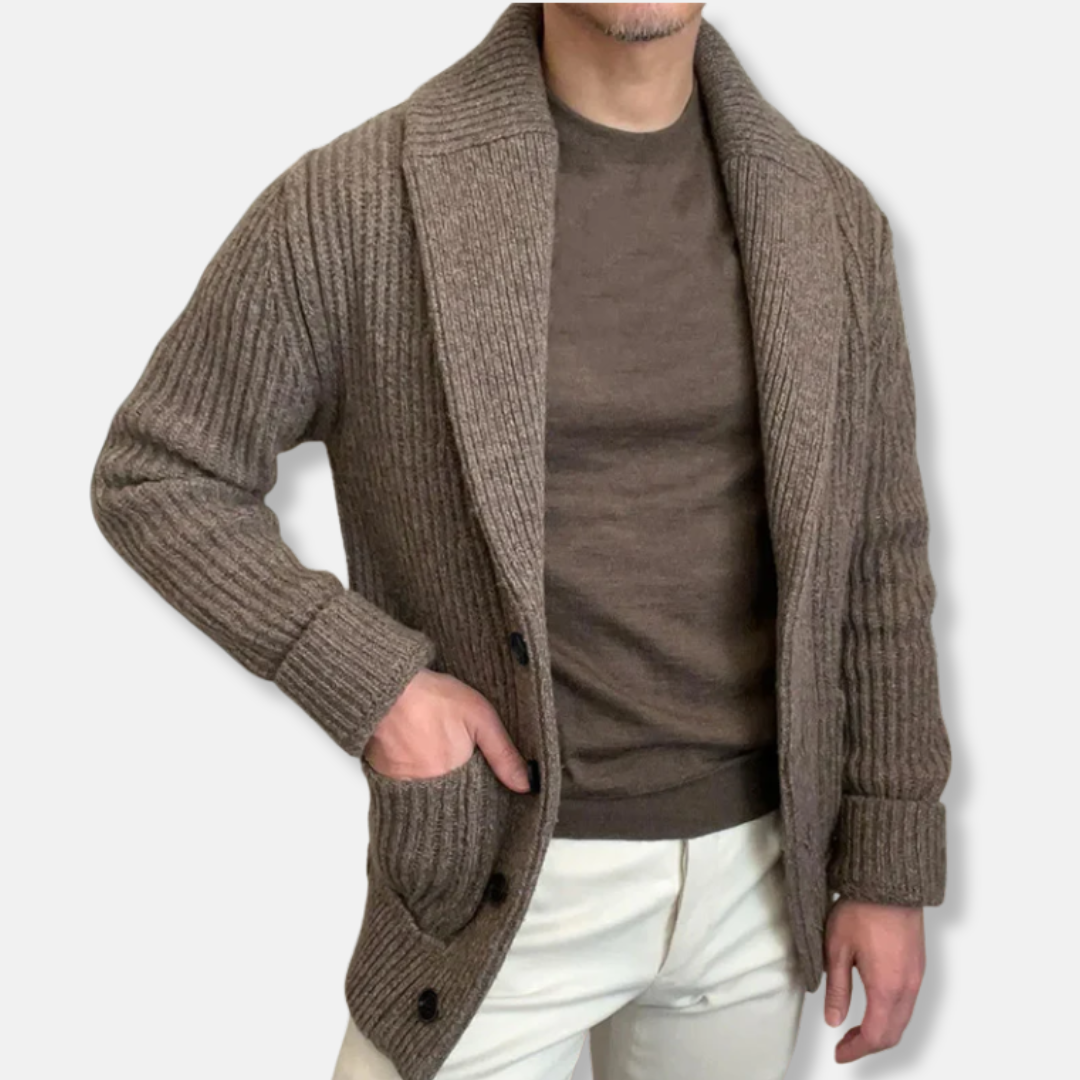 Men's wool blend relaxed fit cardigan with shawl collar, ribbed knit texture, and button front closure