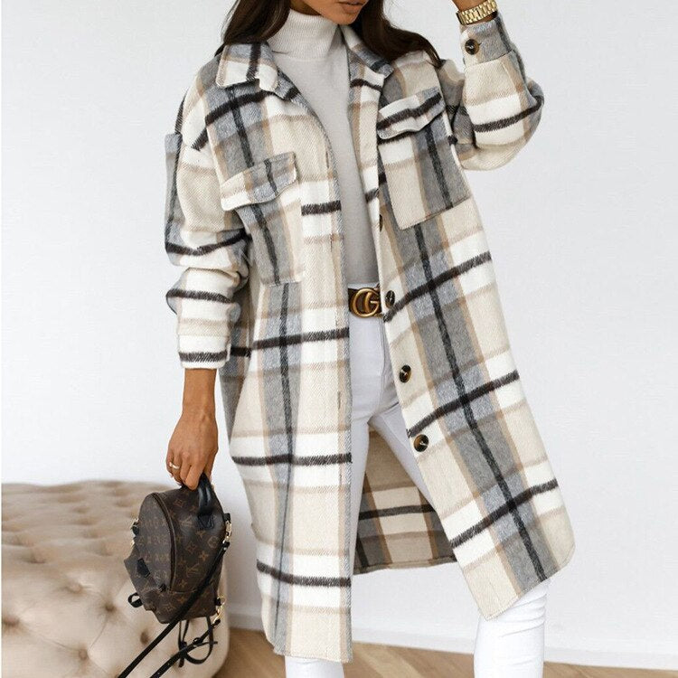 Women's long wool blend checkered coat classic button closure flattering silhouette autumn winter