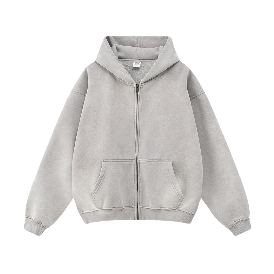 Pure cotton gradient wash hoodie with zipper closure and hand-distressed dye detailing, elevated streetwear essential