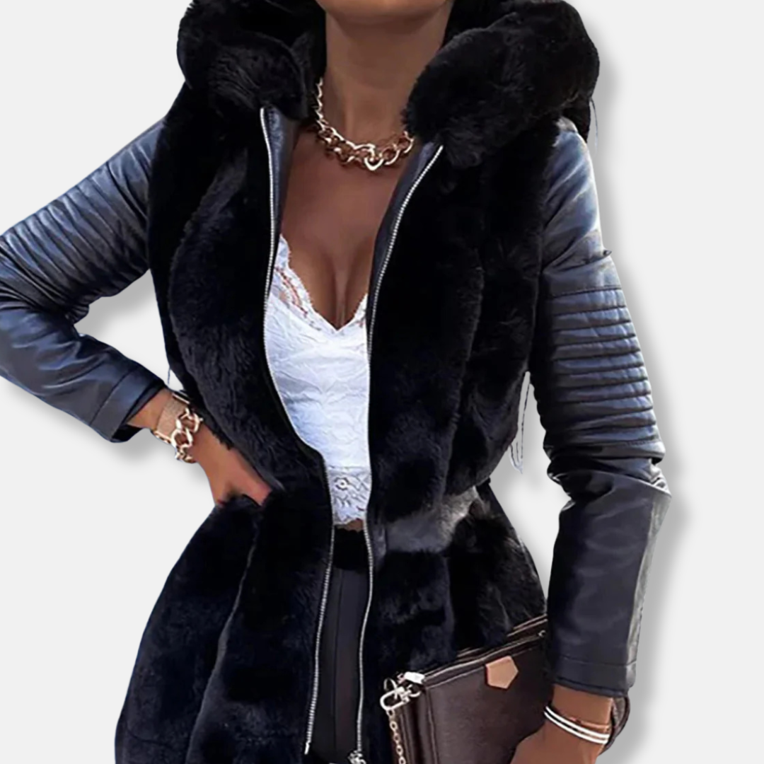 Women's ivory faux fur front mid-length coat with belted waist and tailored silhouette