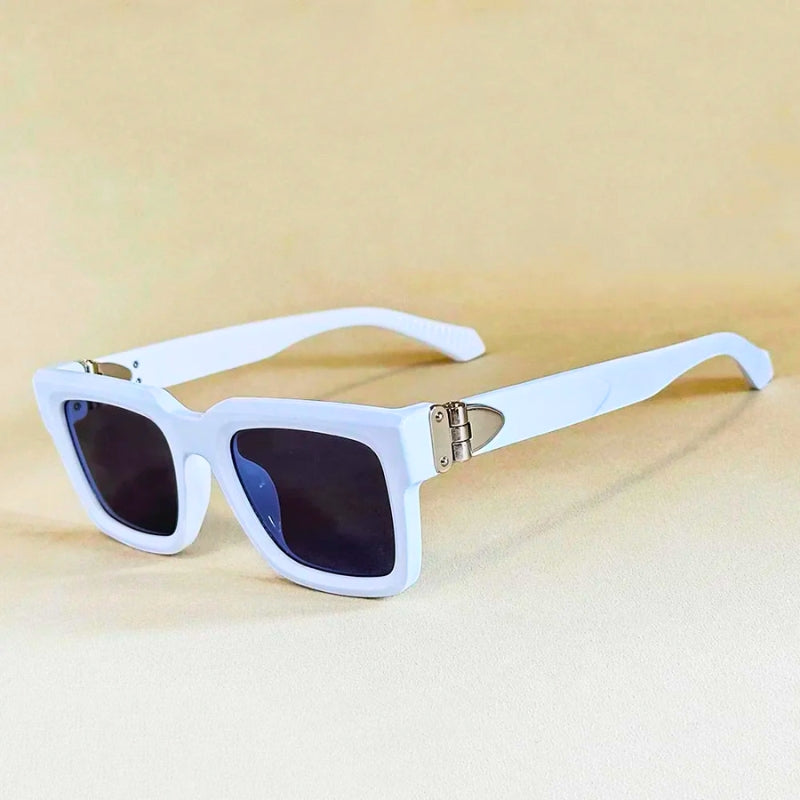 Square-frame acetate sunglasses with metal hinge detailing, vintage-inspired bold geometric design, UV400 protection
