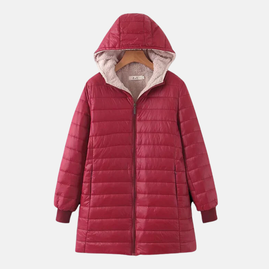 Women's mid-length quilted hooded coat with fleece lining, insulated for cold-weather warmth and comfort
