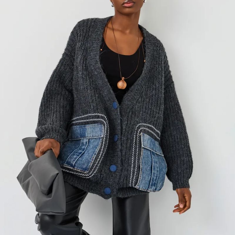 Oversized brown thick-knit cardigan with rugged denim pockets for urban street style