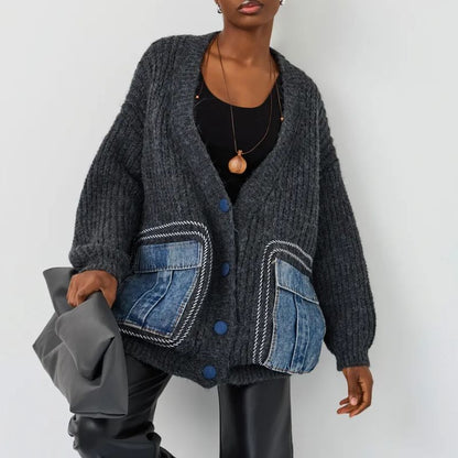 Oversized brown thick-knit cardigan with rugged denim pockets for urban street style