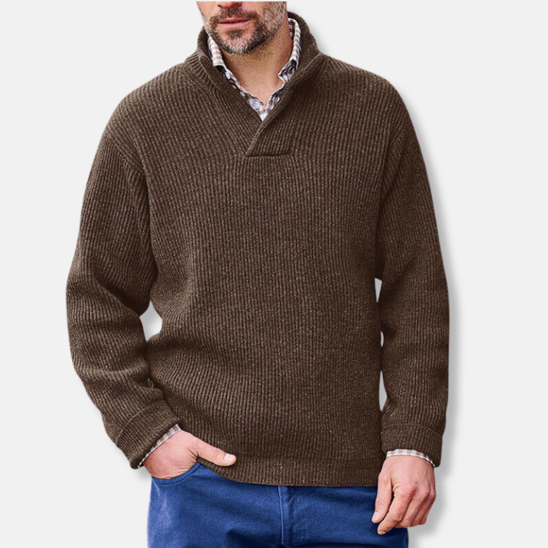 Men's gray cotton blend pullover sweatshirt stand collar V-neck loose fit long sleeve casual top