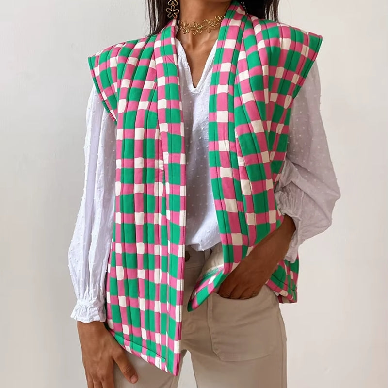 Pladelle plaid floral sleeveless vest coat open-front layering piece with hand-stitched detailing