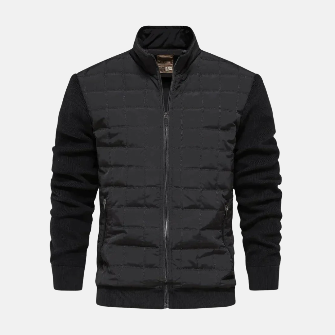 Men's black bomber jacket quilted front knit sleeves modern fit everyday casual style