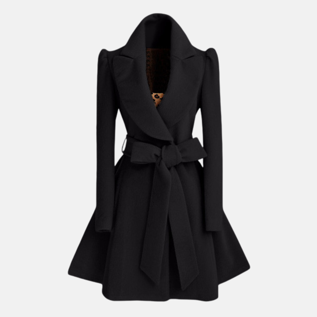 Women's slim fit wool blend coat with belted bow waist, A-line skirt, long sleeves