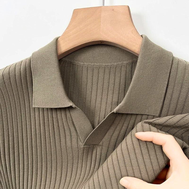 Marvo classic fit ribbed knit polo shirt in neutral tone with timeless collar design