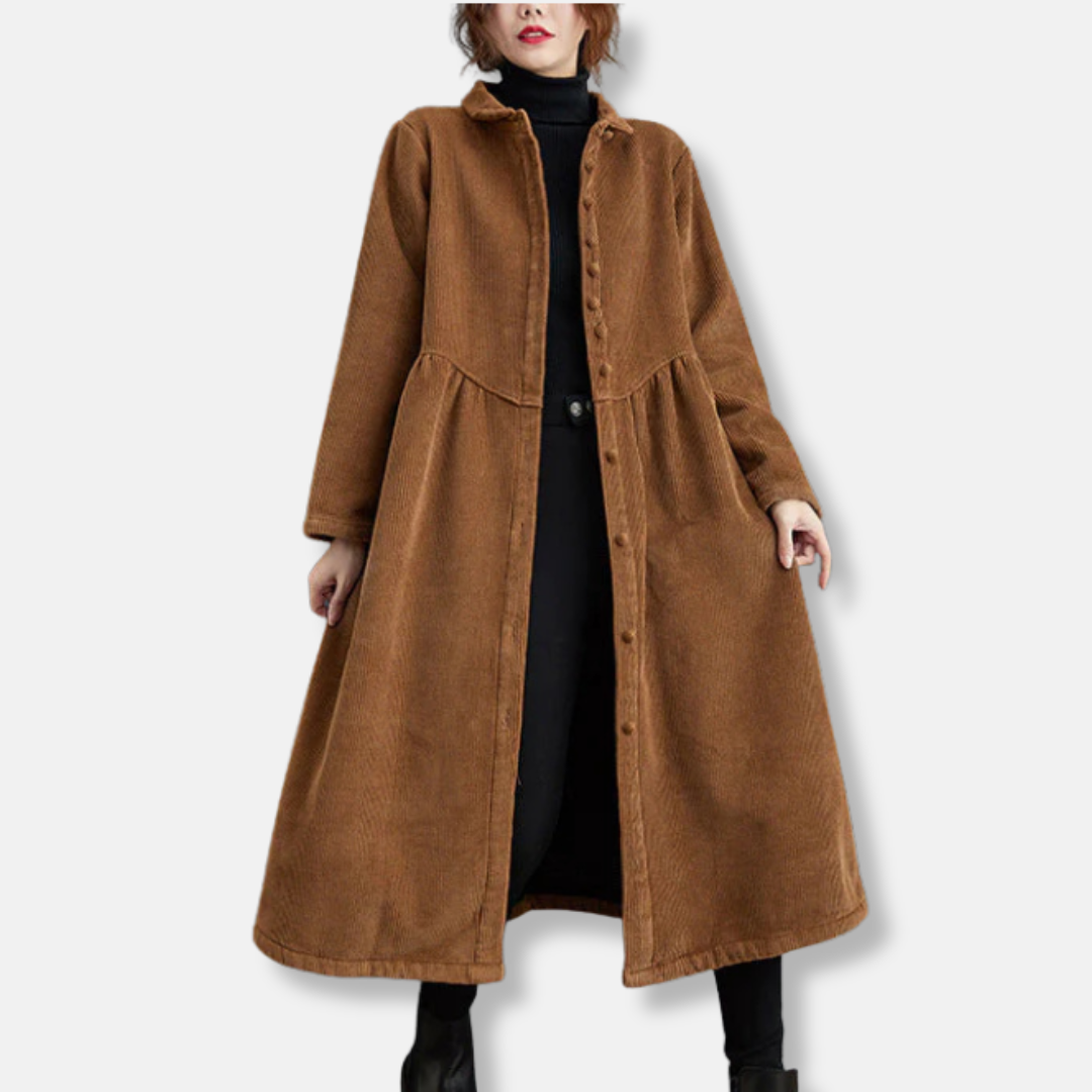 Women's brown corduroy A-line midi coat with high neck and button front closure for winter