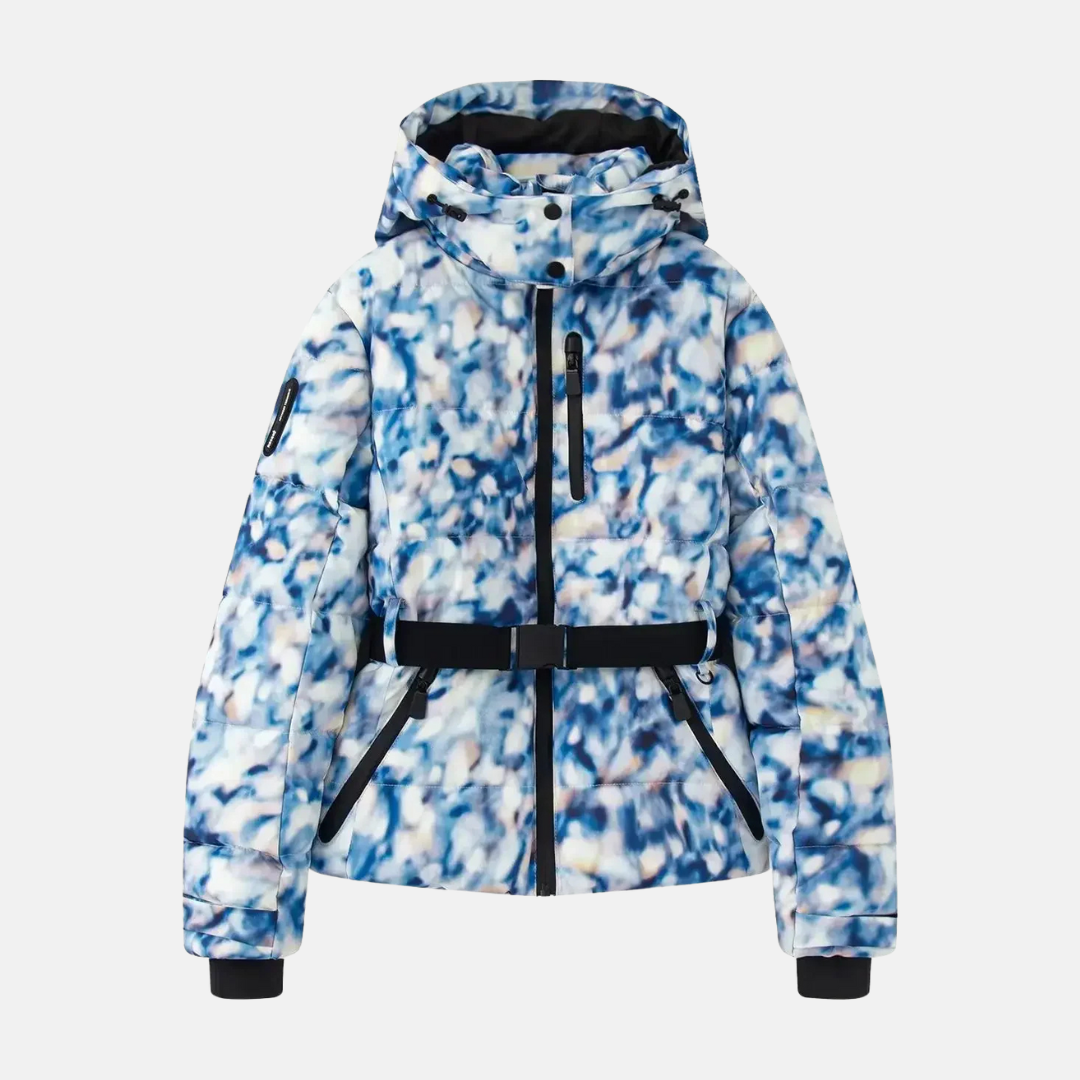 Women's insulated puffer ski jacket with belted waist, hood, zip pockets, waterproof shell