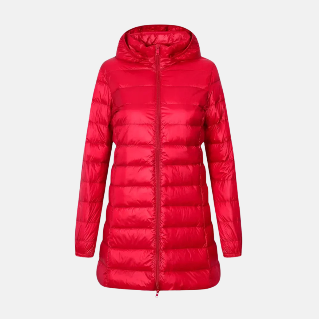 Women's fitted mid-thigh quilted down jacket with hood, water-resistant, sleek silhouette for cold weather