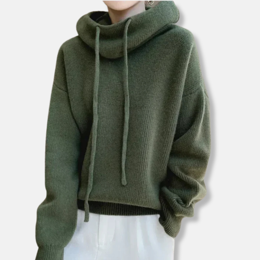Women's rich brown oversized knitted sweatshirt relaxed fit with cozy cowl neck and drawstring detail
