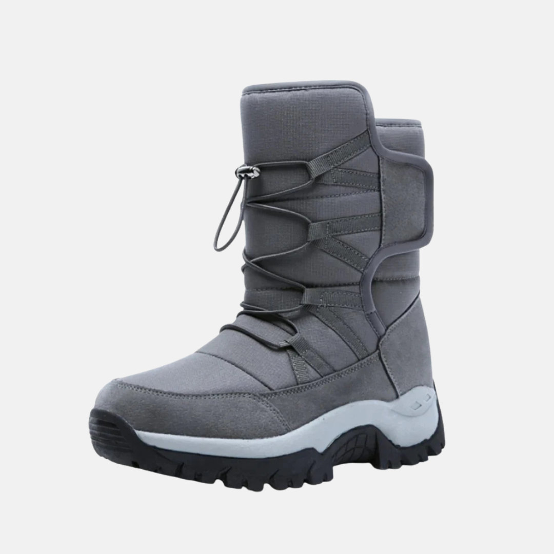 Women's black high-top quilted synthetic boots with drawstring lace-up and rugged winter sole