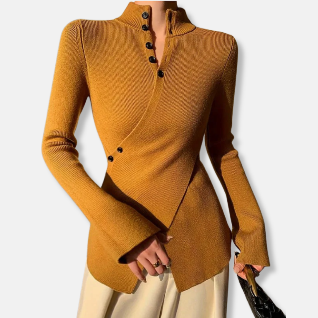 Women's slim fit high neck knit sweater with asymmetric hem and button details for office wear