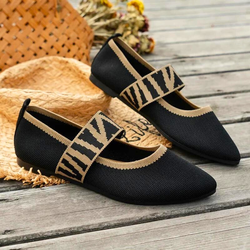 Women's pointed toe knit ballet flat Mary Jane with gingham elastic strap in neutral colorway