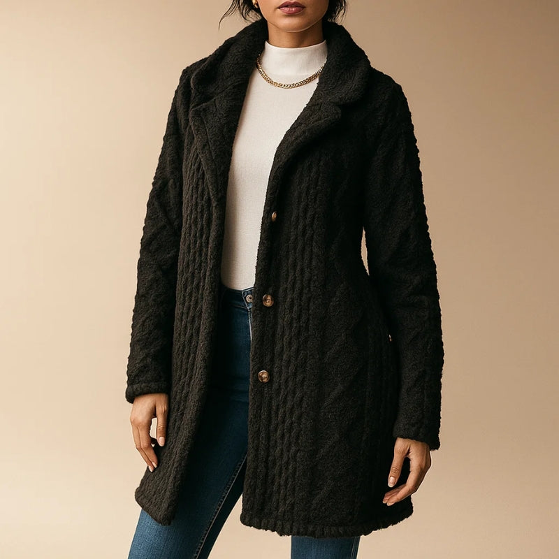 Via Nova jacquard plush coat with hood and button front, relaxed fit layering piece for cold weather