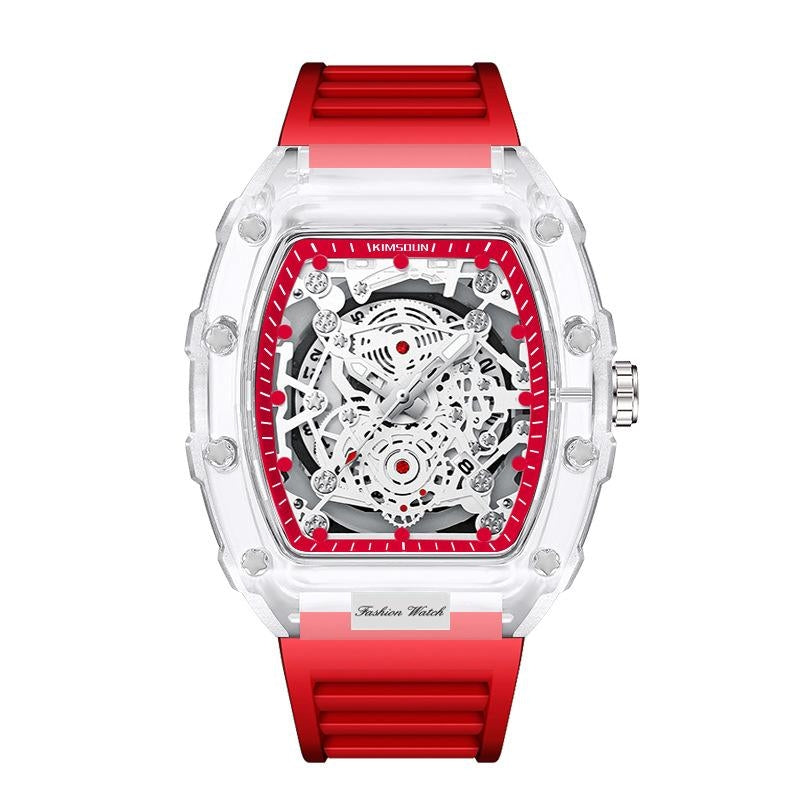 Rylan Forge transparent mechanical watch with visible gears, waterproof shock-resistant quartz timepiece