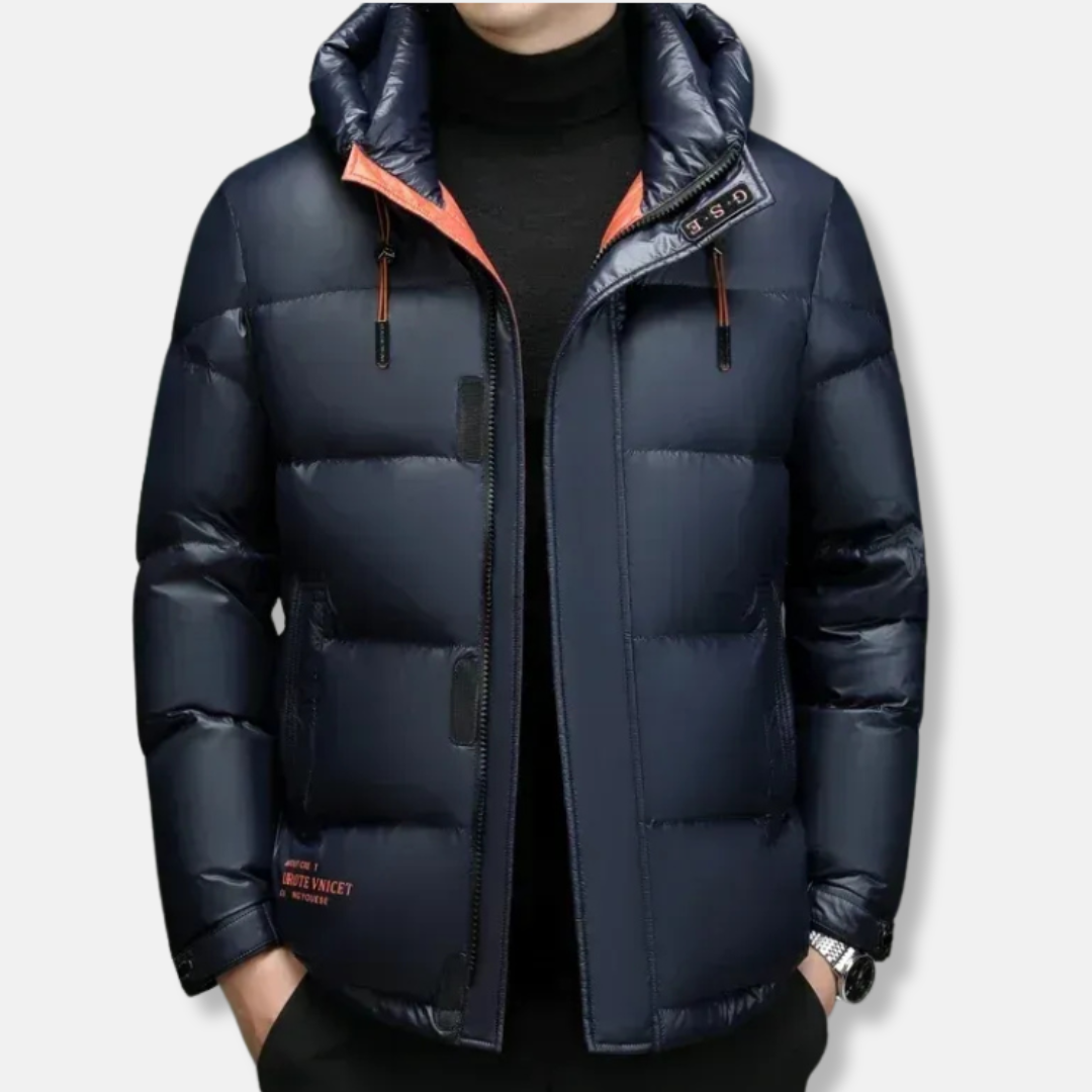 Men's hooded down jacket regular fit water-resistant with zipper and button closure winter outerwear