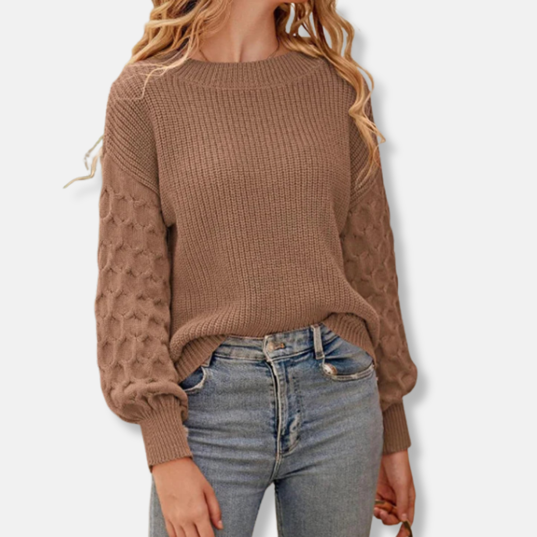 Women's knit pullover sweatshirt relaxed fit round neck with voluminous balloon sleeves soft medium weight