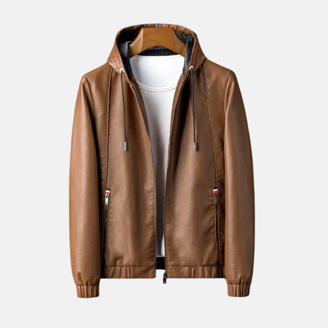 Men's black faux leather hooded jacket relaxed blouson fit with zip closure everyday outerwear
