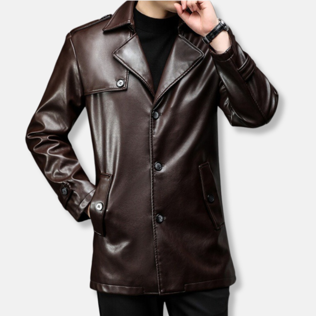 Men's black faux leather mid-thigh trench coat with notched lapel, sleek business casual silhouette