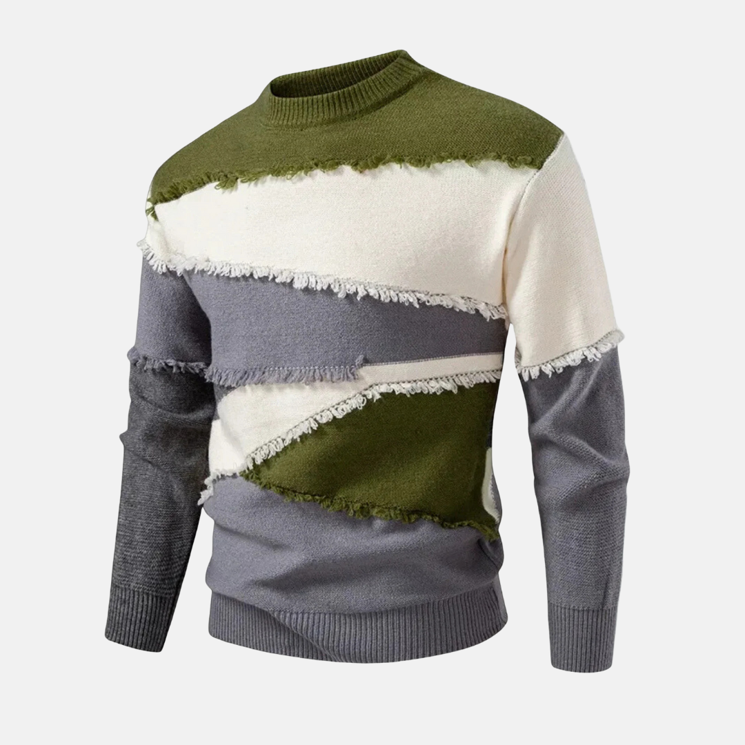Men's colorblock mock neck sweater regular fit with raw-edge fringed seams in knit blend fabric