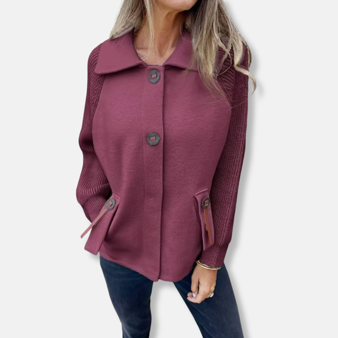 Women's relaxed fit jacket textured knit sleeves lapel collar button front everyday chic style