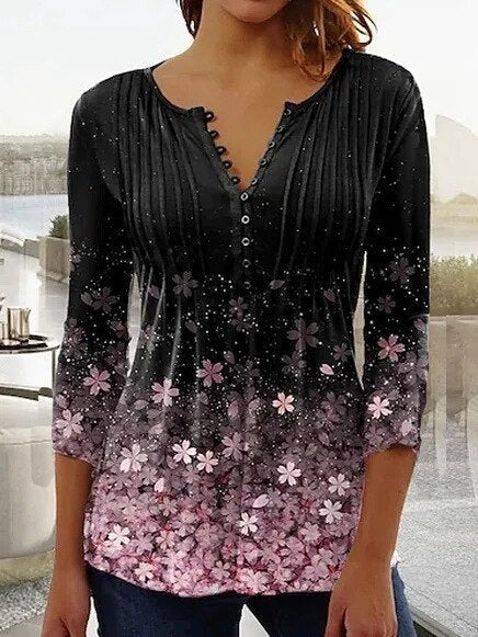 Floral women's blouse with scalloped neckline, flowing pleats, soft feminine everyday elegance style