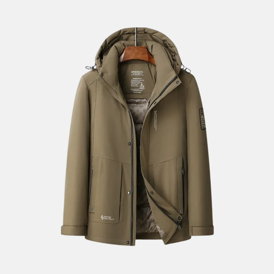 Men's regular fit down jacket quilted lining adjustable hood zip snap closure cold-weather essential