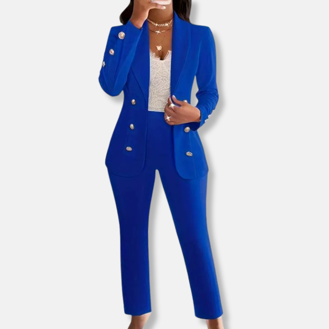 Women's slim fit double-breasted blazer and straight leg trousers set with shawl collar, business formal
