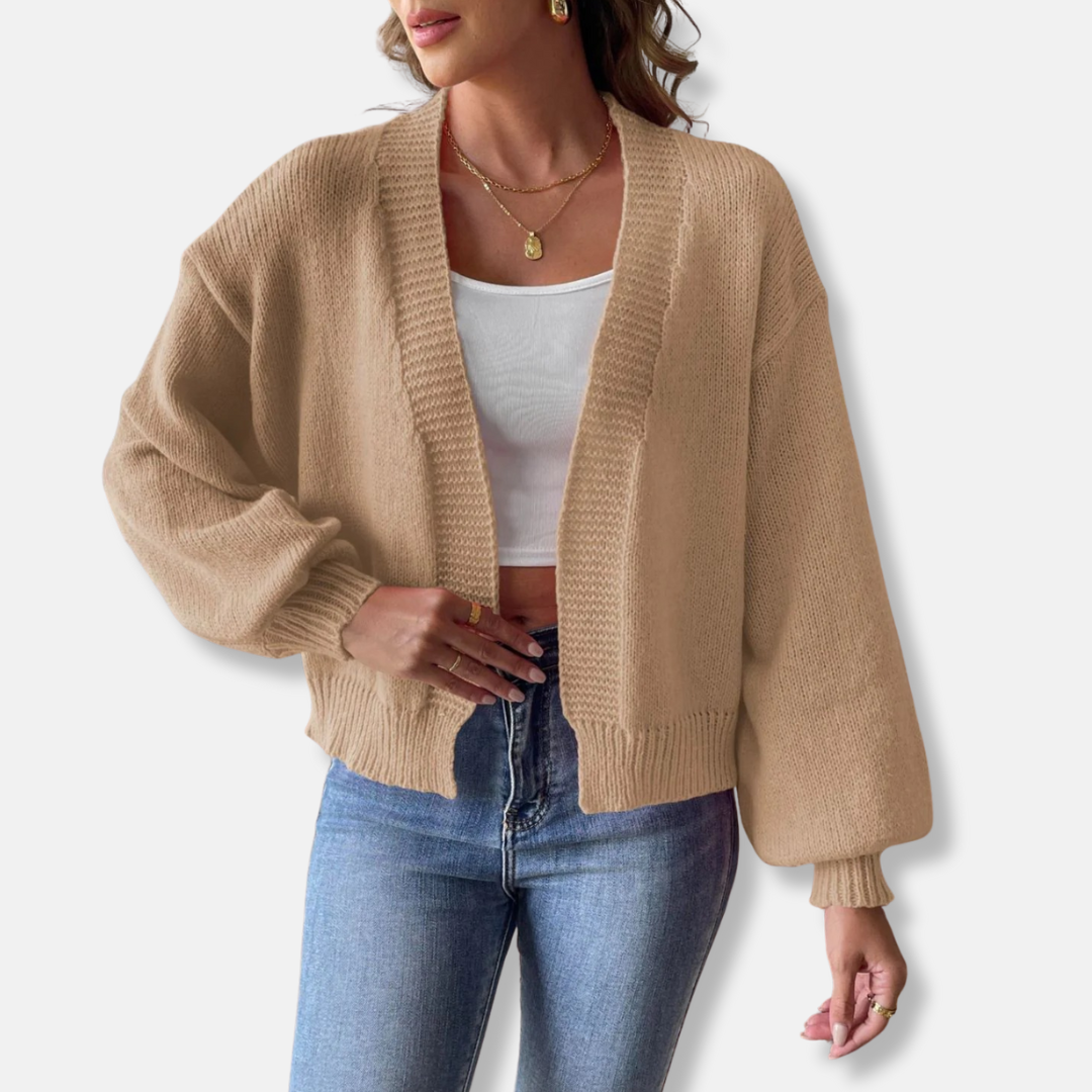 Women's cropped knit blend cardigan relaxed fit with distinctive lantern sleeves modern silhouette