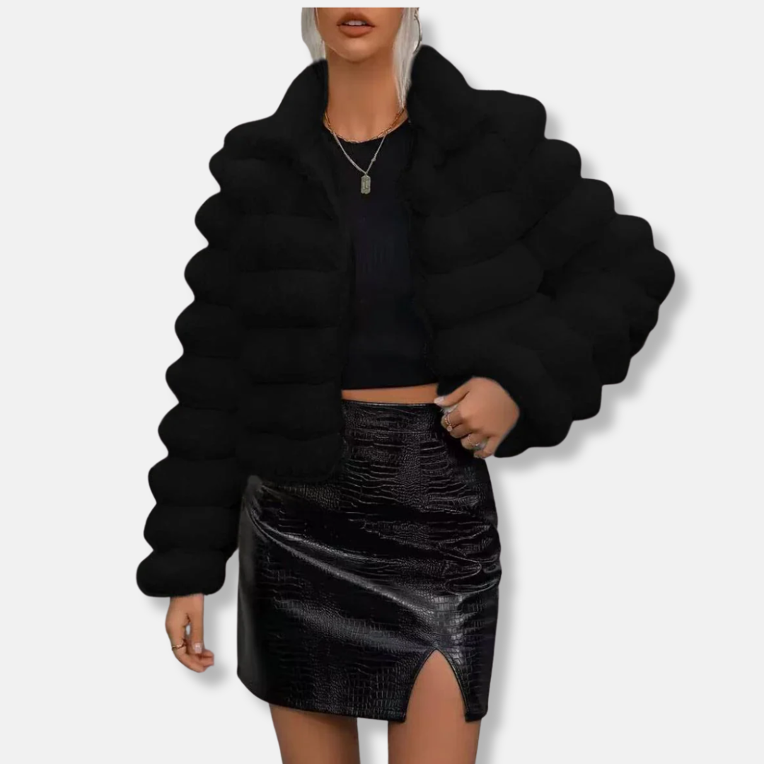 Women's white faux fur cropped jacket with stand-up collar and long sleeves for chic winter style
