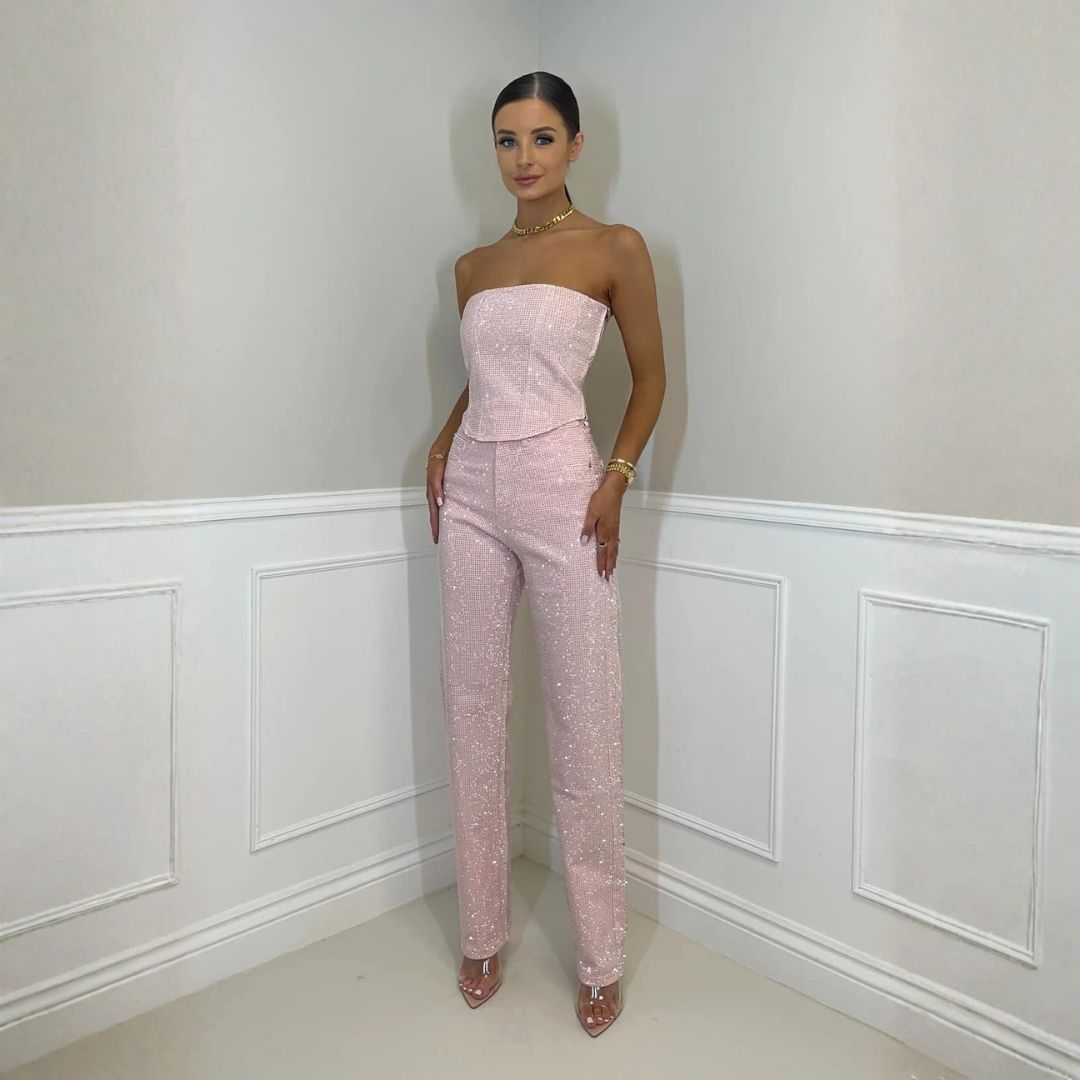 Silver sparkle strapless tube top and straight-leg pants set with shimmering fitted bodice