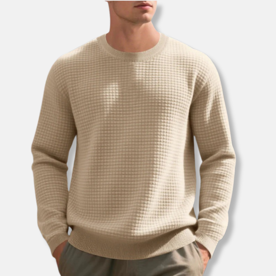 Men's loose fit crew neck sweatshirt in neutral cotton blend with waffle-knit texture and ribbed cuffs