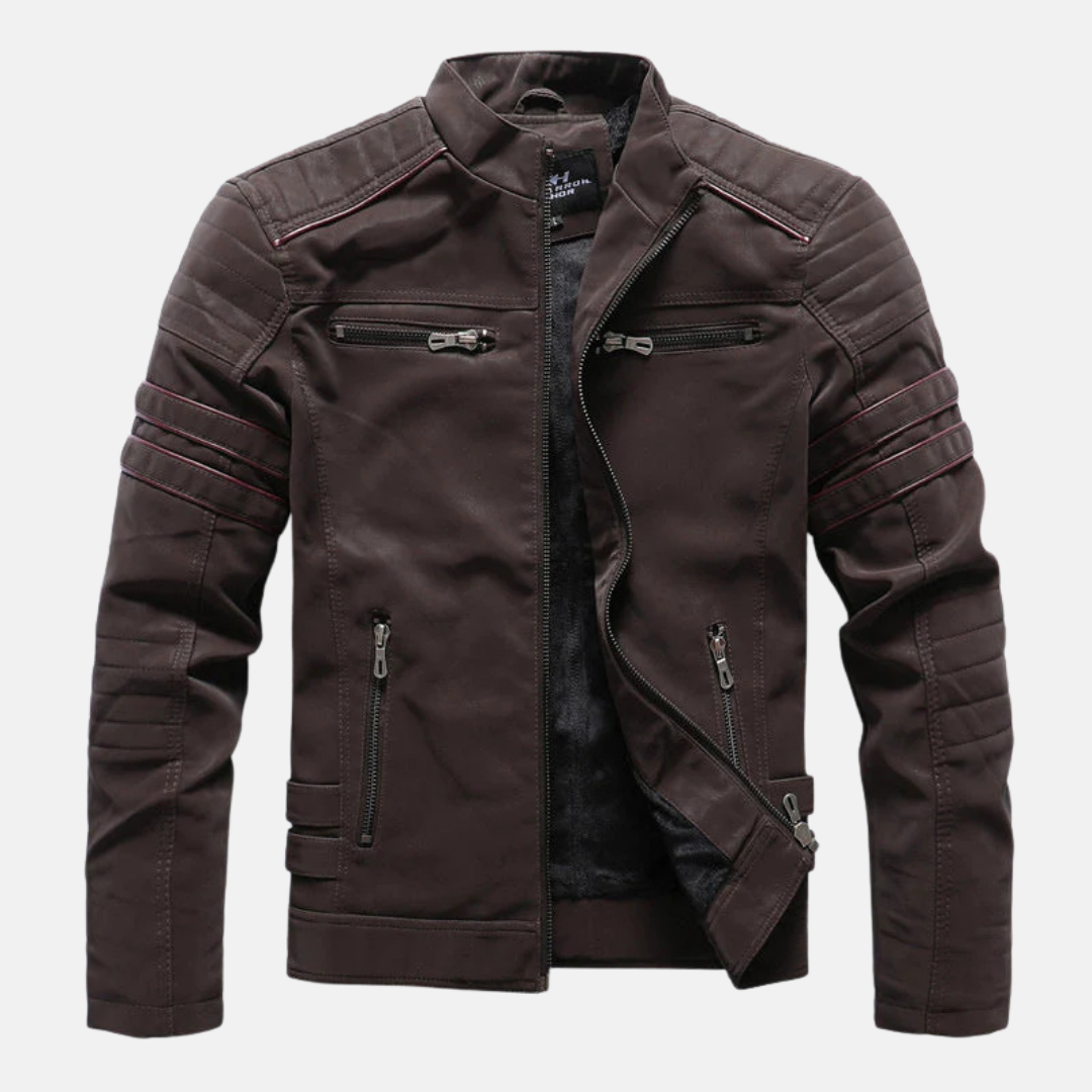 Men's black faux leather slim fit jacket with stand collar, hip length, modern everyday style