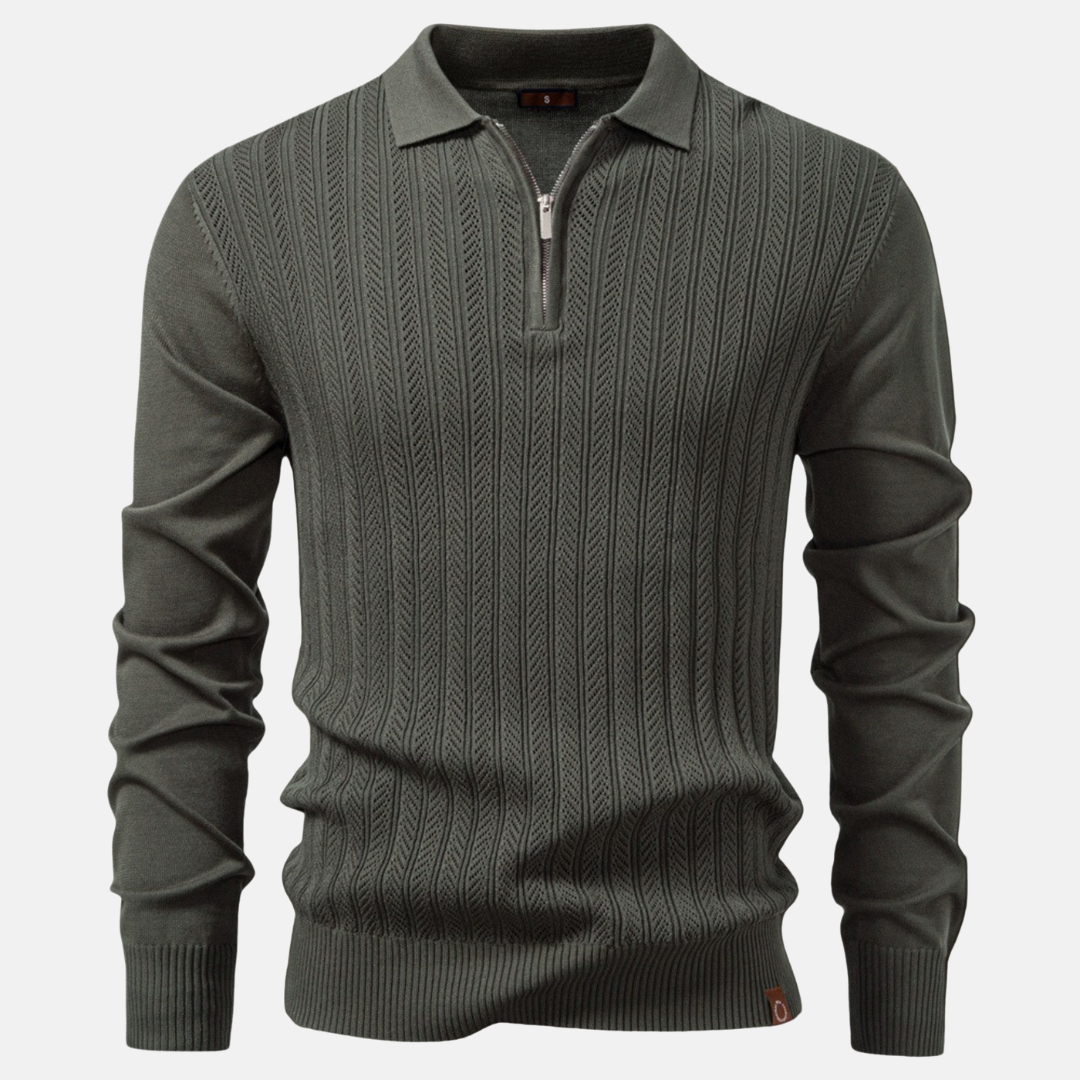 Men's slim fit half zip polo collar knit blend sweatshirt in neutral tone for smart casual style