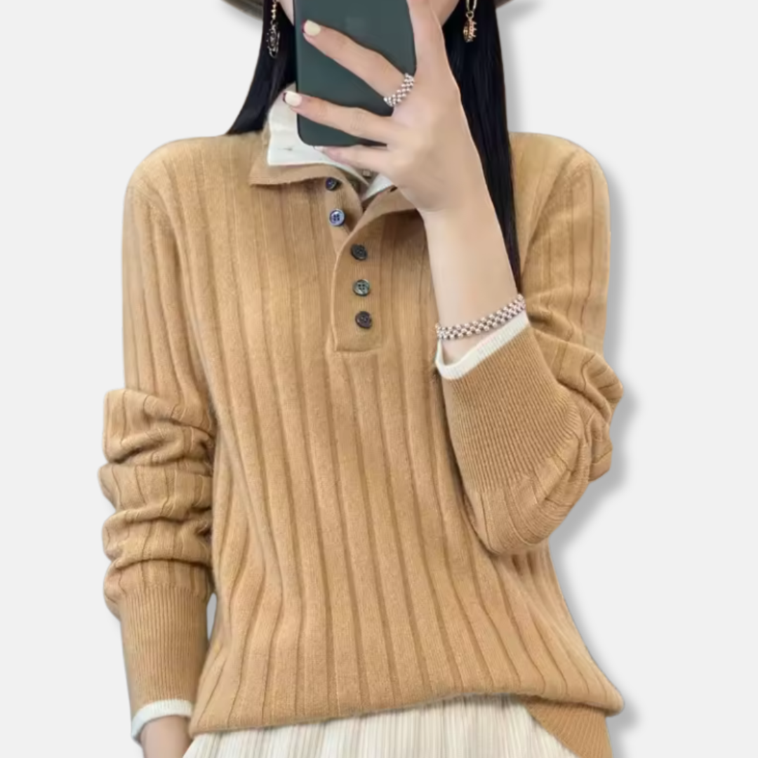 Women's ribbed knit pullover sweater polo collar four-button placket straight silhouette