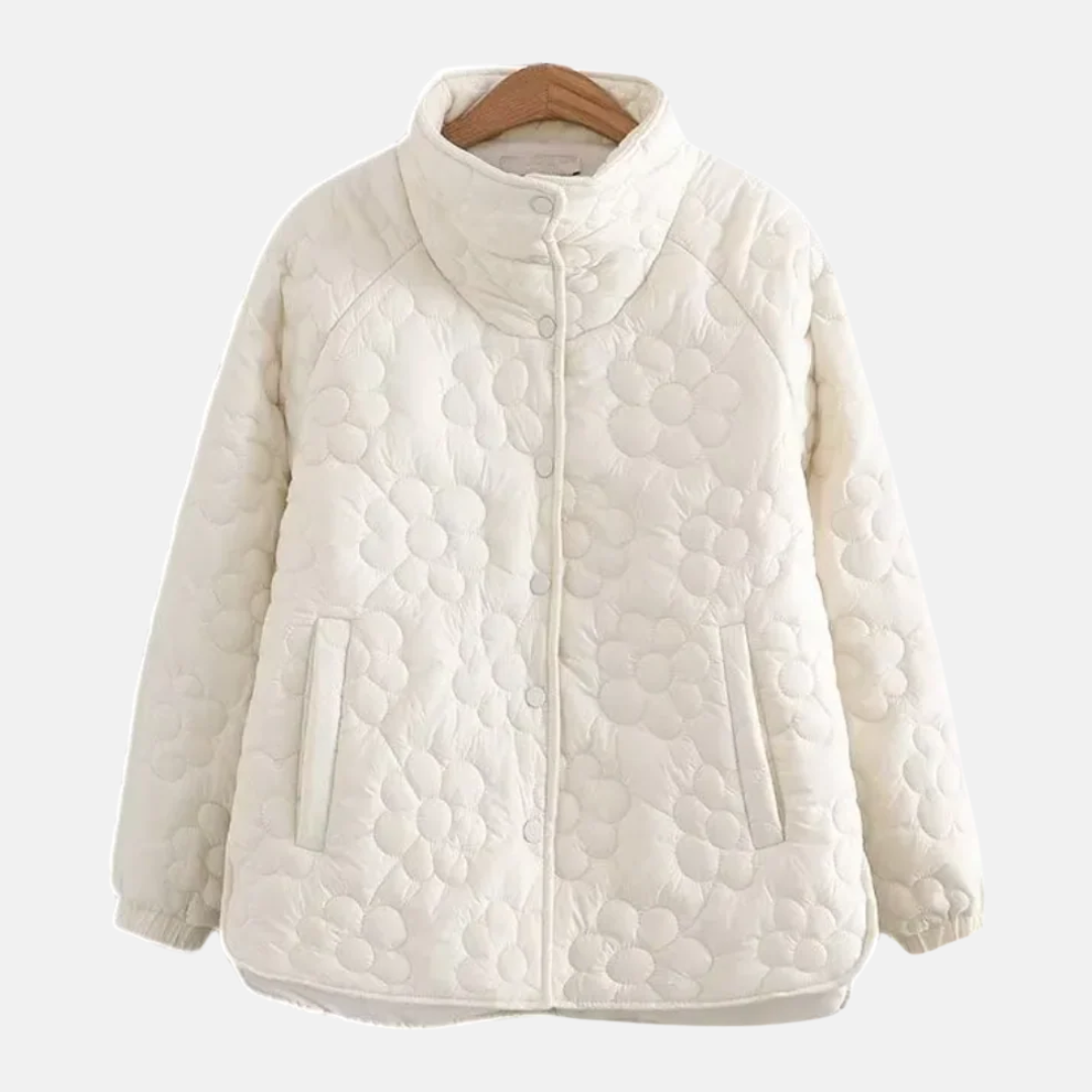 Women's black quilted floral PU-leather jacket with stand collar relaxed hip-length fit