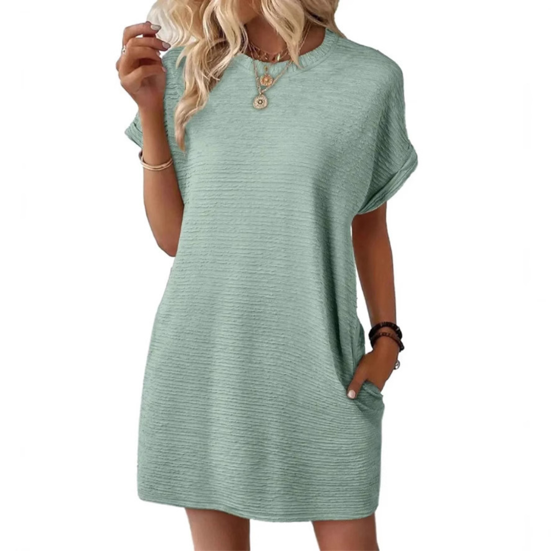 Hot pink ribbed mini dress women crew neck short sleeve T-shirt silhouette relaxed fit