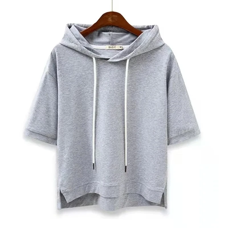 White cotton short-sleeve hoodie relaxed fit hip-length with adjustable drawstring hood