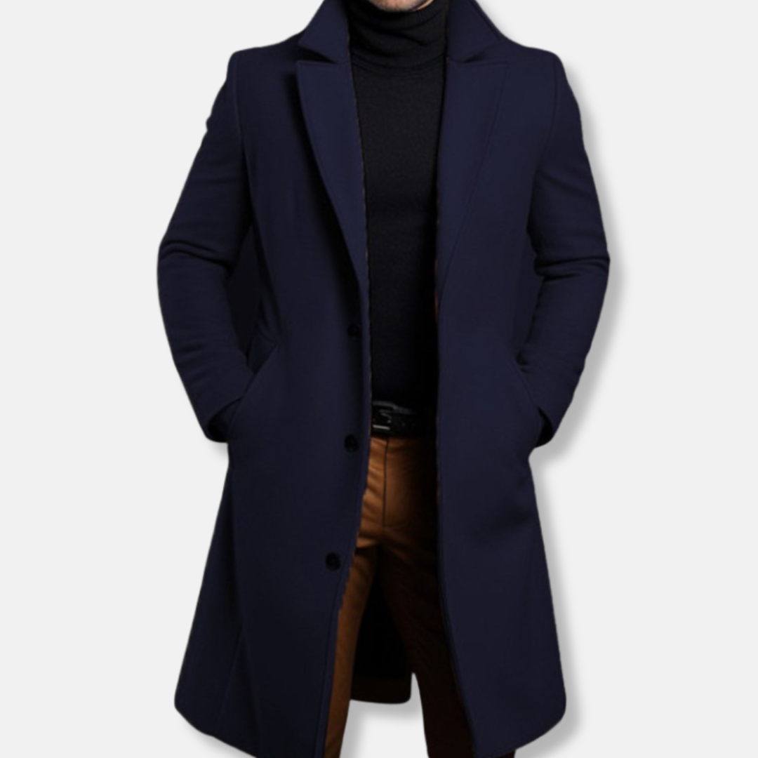 Men's wool blend knee-length trench coat tailored single-breasted silhouette for business casual