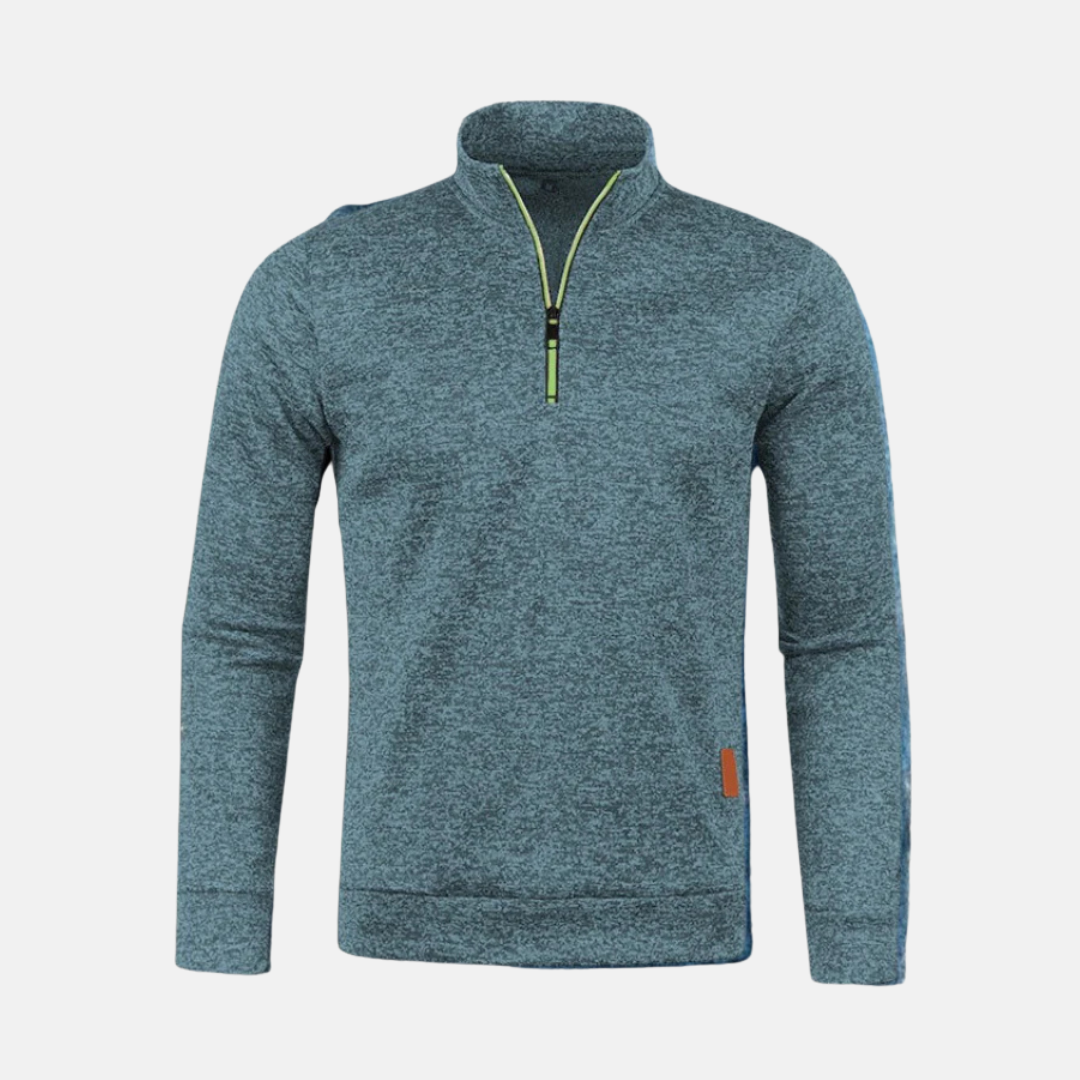 Men's black micro textured knit quarter zip sweatshirt with stand-up collar, regular fit
