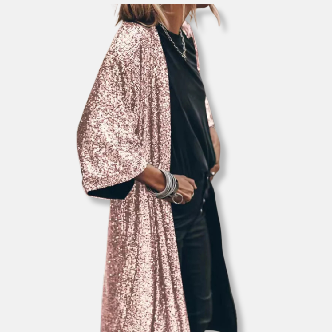 Women's silver sequin duster cardigan loose fit open front three-quarter sleeve sparkle knit