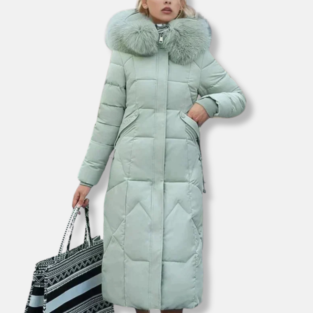 Women's long quilted padded coat slim fit full length with detachable fur collar winter warmth