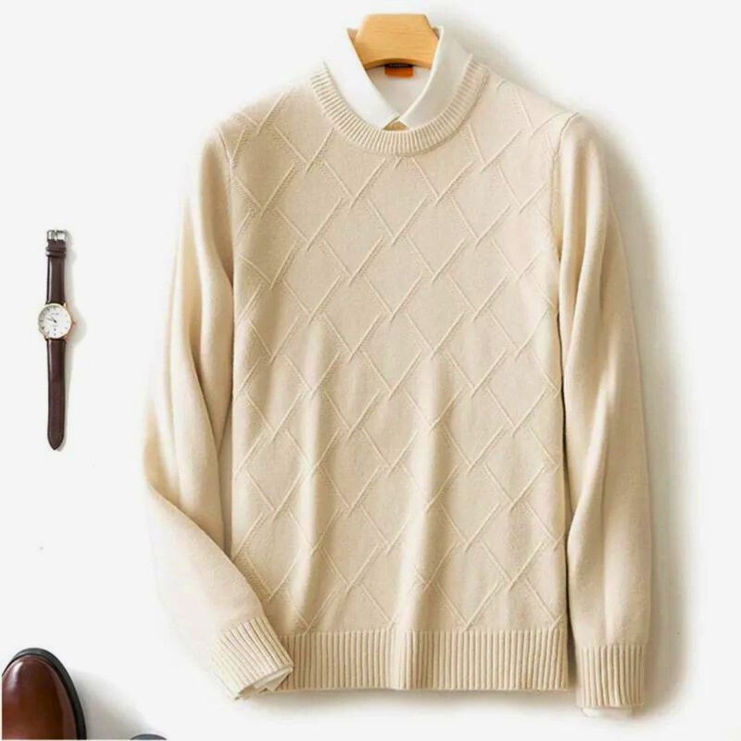 Seldon light gray cashmere crewneck sweater with diamond knit pattern, lightweight luxury layering